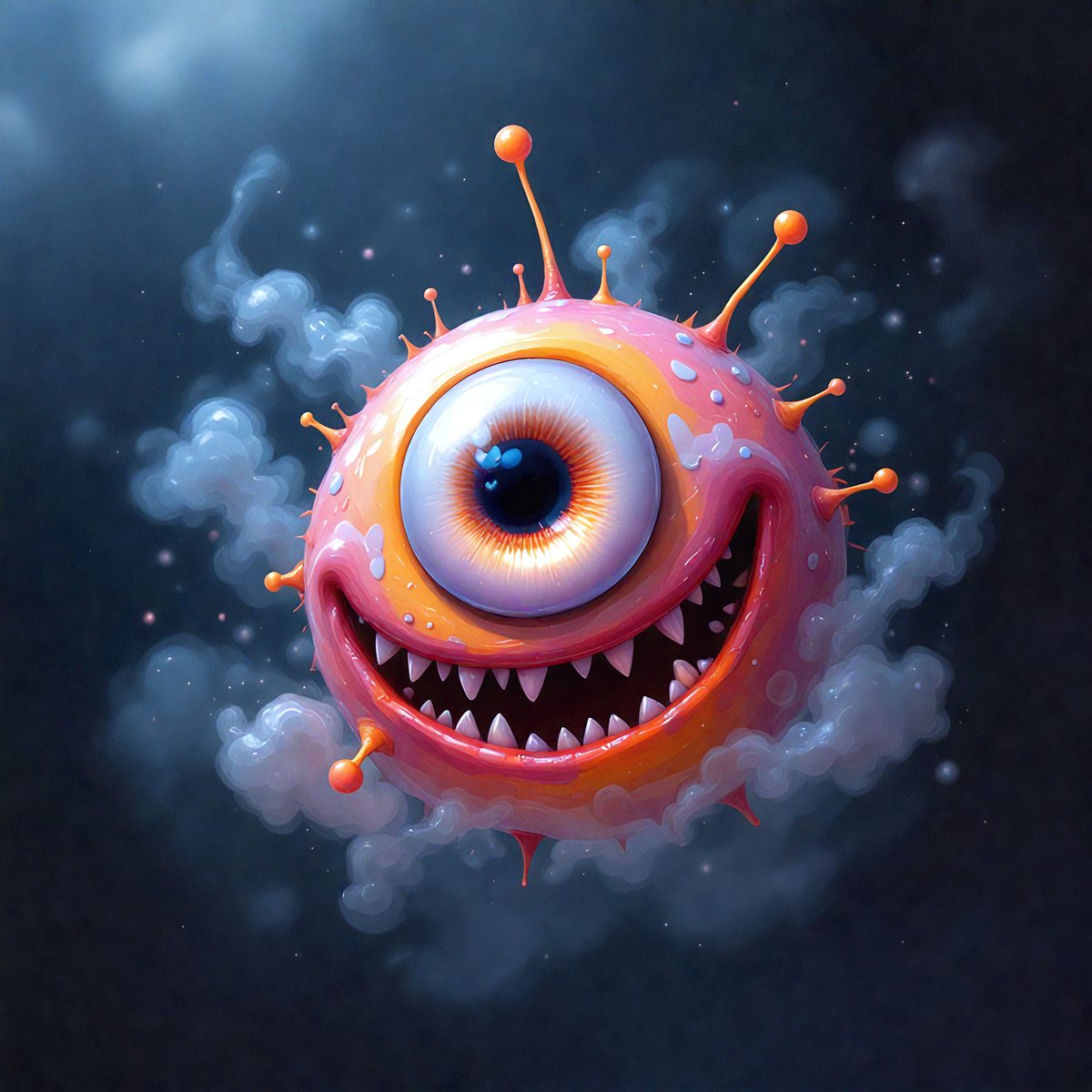 The primary subject of the image is a large, colorful, and cartoonish monster with a big, round eye. The monster is surrounded by a cloudy, smoky background, giving it a mysterious and fantastical appearance. The visual style of the image is a combination of digital art and illustration, creating a unique and eye-catching design. The dominant colors in the image are orange, pink, and blue, which contribute to the monster's vibrant and playful appearance. Overall, the image evokes a sense of wonder and imagination.